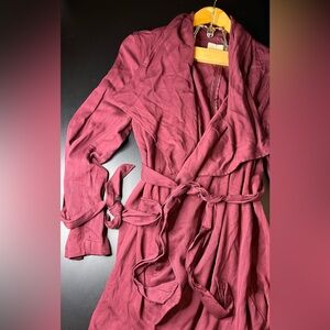 Thread & Supply Burgundy Cotton Waterfall Long Open Belted Cardigan Sz Large EUC
